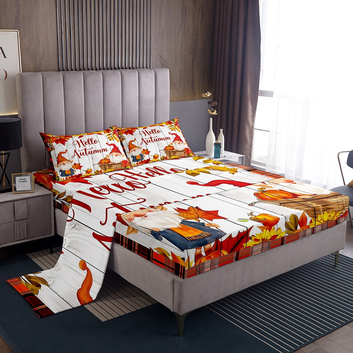 YST Kids Autumn Fall Sheet Set Cartoon Pumpkins Gnome Bed Sheets Twin ...