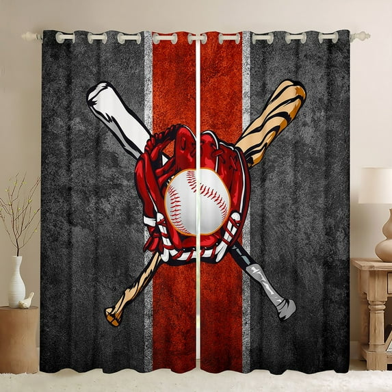 Baseball Curtains Grey Red Stripe 30%-50% Blackout Curtains, Baseball Bats Curtains & Drapes Sports Bedroom Curtains for Teens , Vintage Grunge Window Treatments