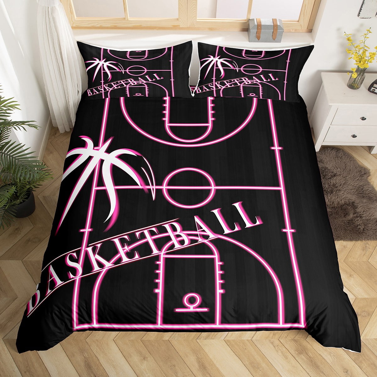 YST Kids Basketball Bed Set for Girls Pink Duvet Cover King Size, Ball