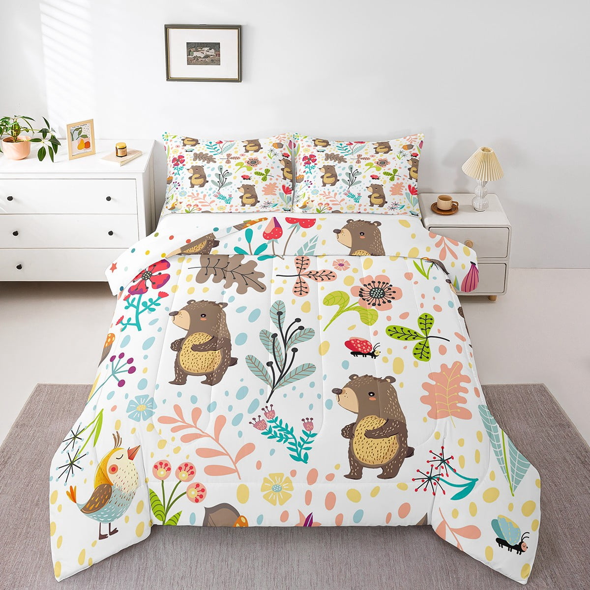 Hand Painted Bear Bedding Set Queen Size - Kids Animal Print Comforter With 2 Pillowcases