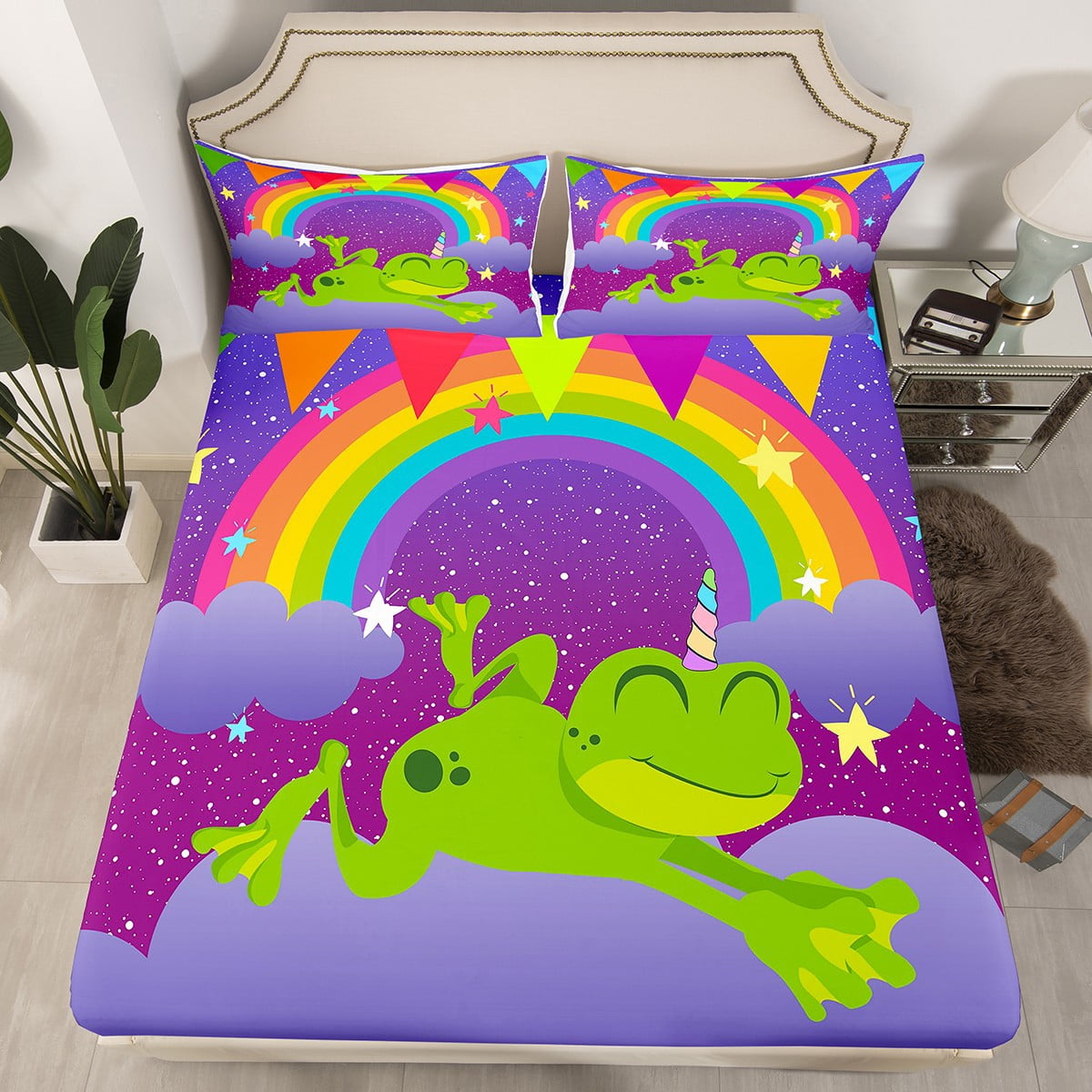 YST Kids Bed Sheets Cute Rainbow Frog Print Fitted Sheet Boys Green Frog Queen Bed Set Cartoon ...