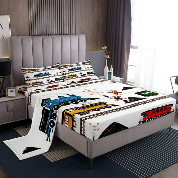 Bed Sheets Set Retro Vintage Train Sheets, Cute Vehicle Printed Colorful Train Sheet Set Adults Teens Bedroom Decor All Season Queen Top Fitted Sheet 4 Pieces