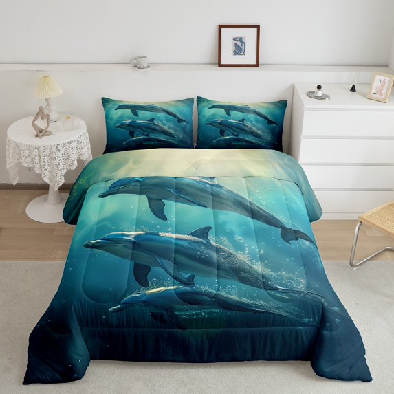 Erosebridal Bedding Full Size Dolphin Comforter Set, Cute Dolphin Underwater Animal Theme Quilt Marine Life Sea Animal Print Bedding Comforters & Sets Teal and Blue Duvet Set