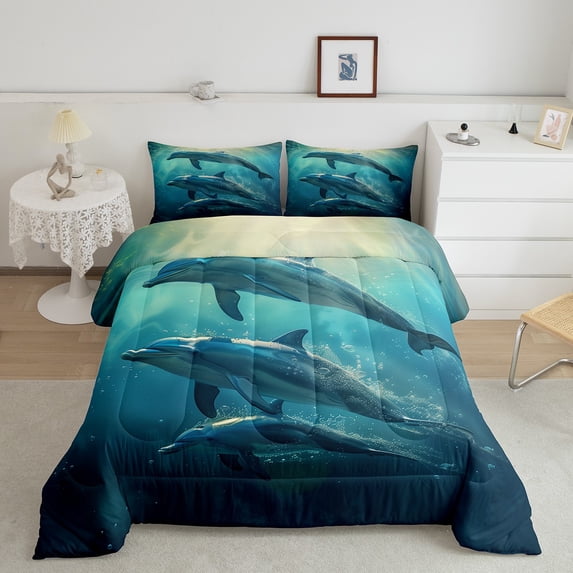 Bedding Queen Size Dolphin Comforter Set, Cute Dolphin Underwater Animal Theme Quilt Marine Life Sea Animal Print Bedding Comforters & Sets Teal and Blue Duvet Set