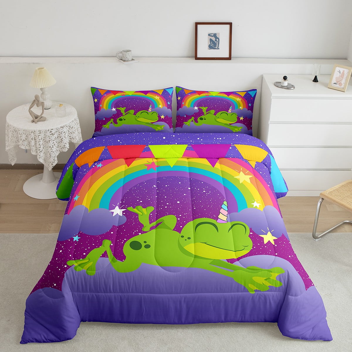 YST Kids Bedding Sets Cute Rainbow Frog Print Comforter Set Boys Green