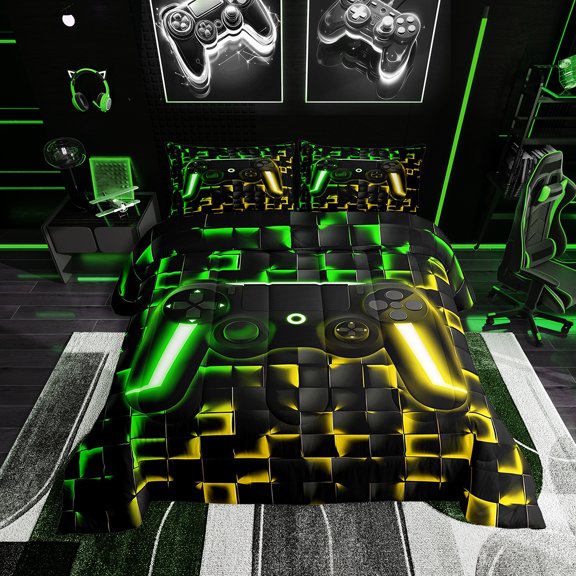 Bedding Sets Room Decor, Green Yellow Gamepad Pattern, Twin, Black Reversible