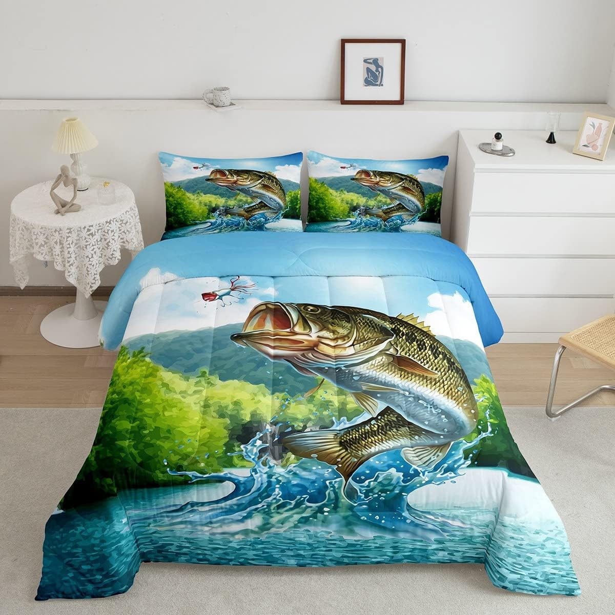 YST Kids Big Bass Fish Bedding Set Teen Boys Fishing Comforter Set