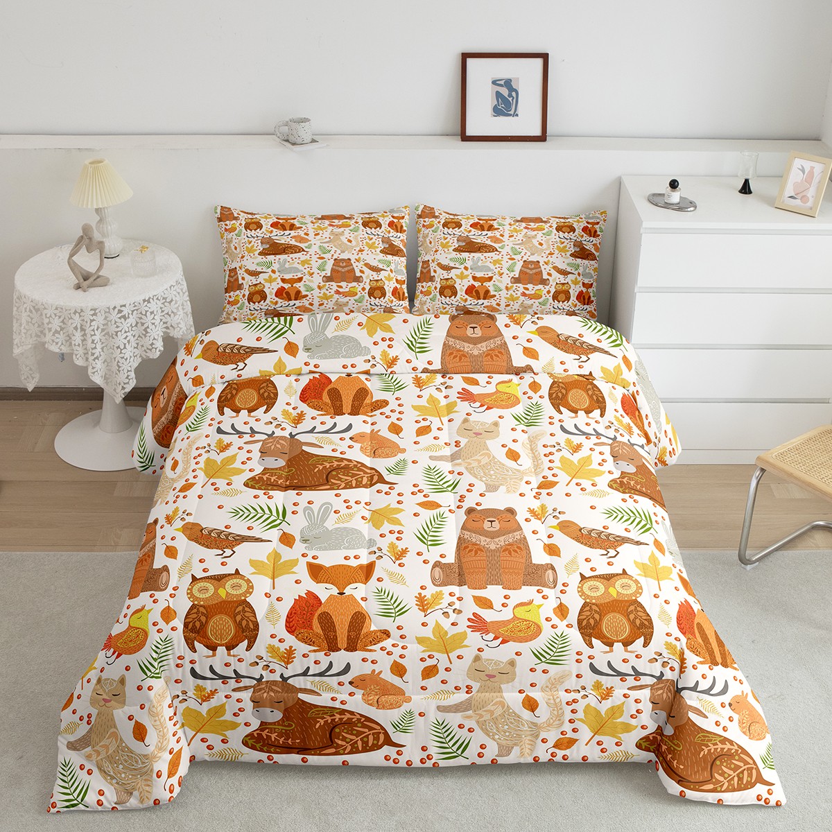 YST Kids Boho Woodland Animal Comforter Set Full Size Rustic Moose Bear Deer Bedding Sets Cartoom Fox Owl Down Comforter For Boys Girls Fall Maple Leaf Quilt Duvet Insert 2 Pillow Cases