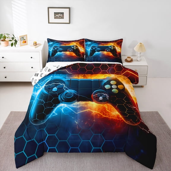 Blue Red Gamer Comforter Set,Honeycomb Gaming Comforter for Lightning Gamepad Bedding Set Game Room Decor Duvet Set Room Decor Quilt Set Bedding Collection
