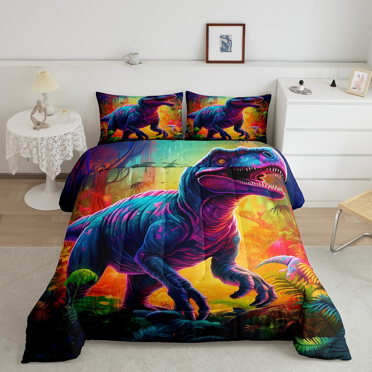 BlessLiving Kids Dinosaur Comforter Set - 3 Piece King (Comforter + 2 Shams) Colorful Cartoon Dino Bedding For Children's Room