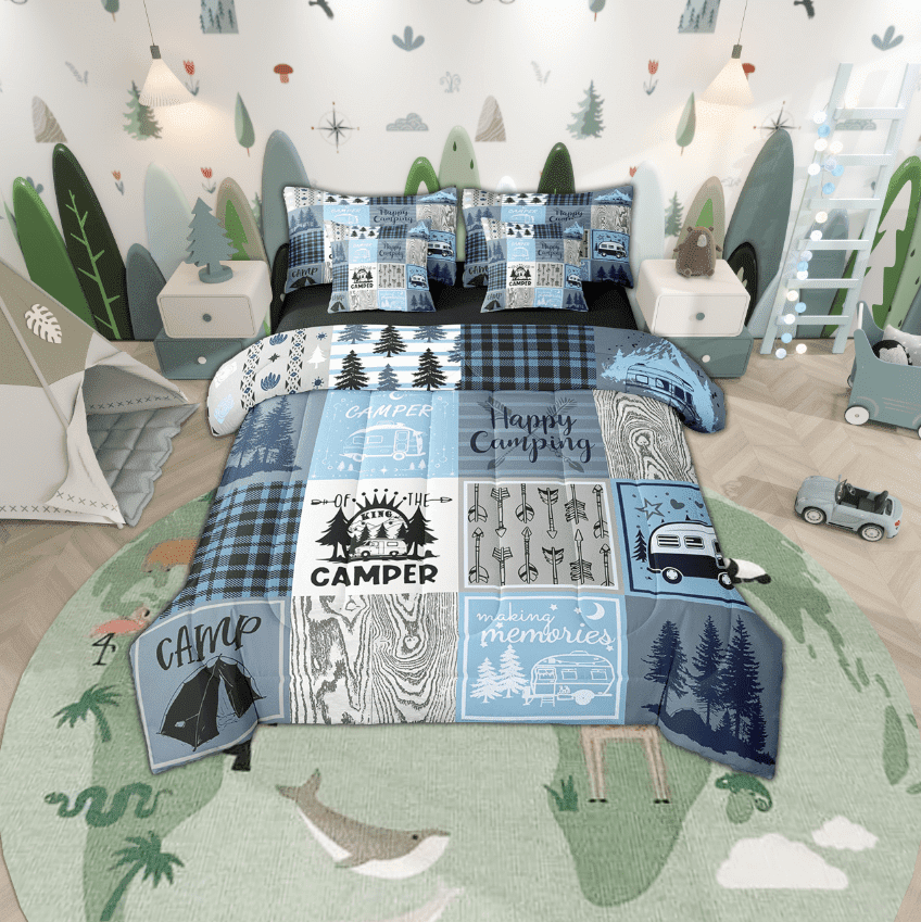 Camper Comforter Set 7 Piece Full Happy Camping Bed In A Bag Rv Bunk Accessories Bedding For Travel Trailers,Blue Grey Rustic Buffalo Plaid Arrow Pine Tree Bed Set