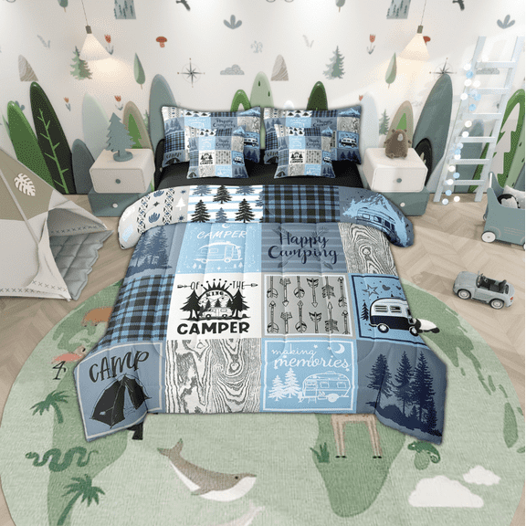 Camper Comforter Set 7 Piece King Happy Camping Bed In A Bag Rv Bunk Accessories Bedding For Travel Trailers,Blue Grey Rustic Buffalo Plaid Arrow Pine Tree Bed Set