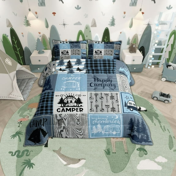 Erosebridal Camper Comforter Set Queen Happy Camping Bedding Set Rv Bunk Accessories Comforter For Travel Trailers,Blue Grey Rustic Buffalo Plaid Arrow Pine Tree Quilt Duvet