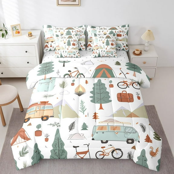 Erosebridal Camper Theme 7 Piece Comforter Set Twin Bed in a Bag,Happy Camping Bedding Set,Travel Car Rv Accessories Down Comforter,Botanical Flowers Mountain adventure Quilt,Cute Camper Sheets