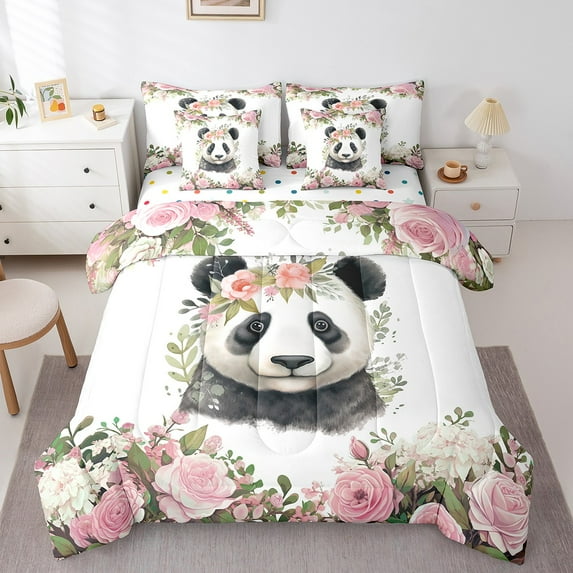 Cartoon Bed in a Bag 7pcs Jungle Wildlife Bedding Set, Cute Animal Twin Size Comforter Set Chic Garden Flower Bedding Comforter Sets, Botanical Floral Bed Set Decor