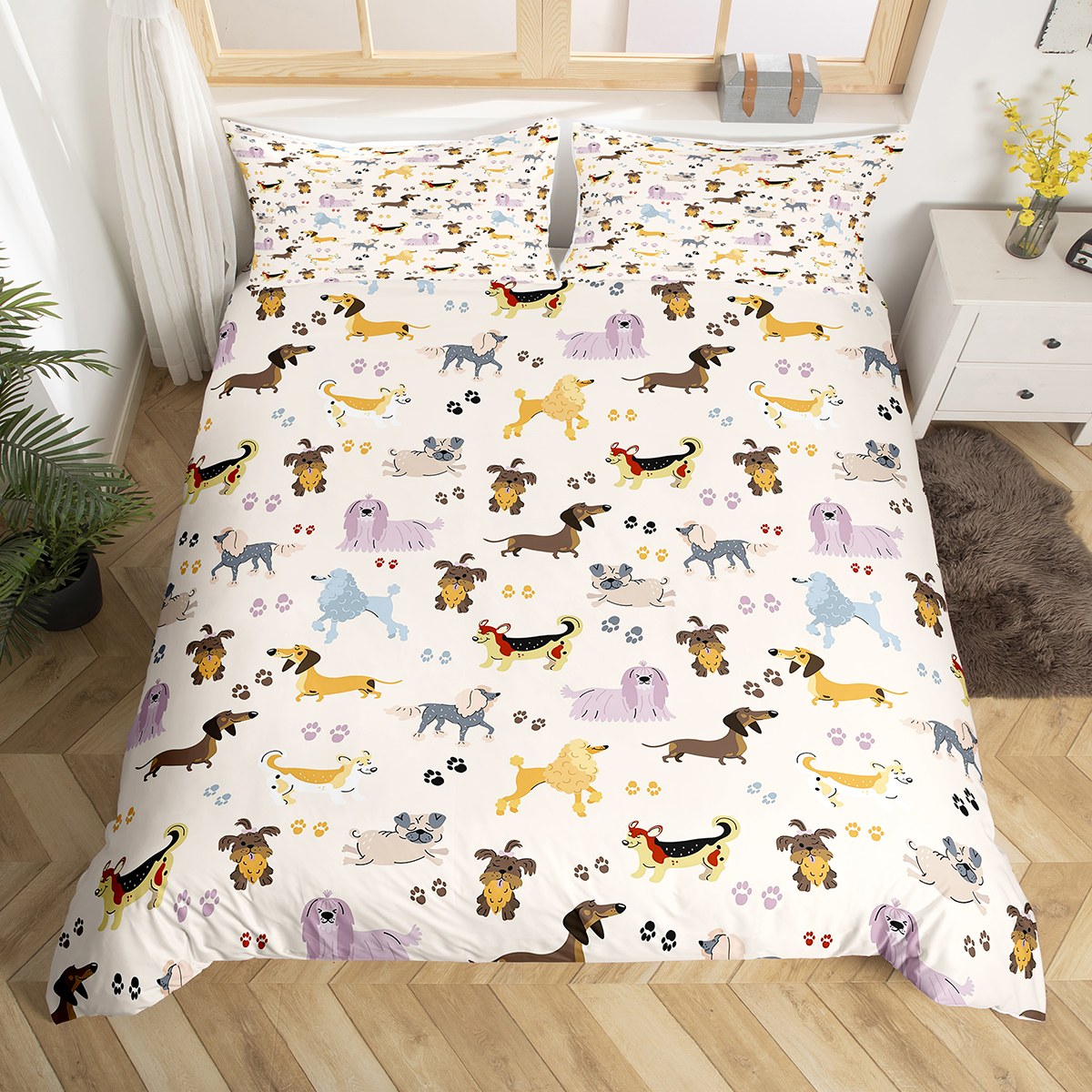 Halloween Dog Duvet Cover Set Twin Size - Ghost Pumpkin Pet Pattern, Includes 1 Pillowcase (68"x90")