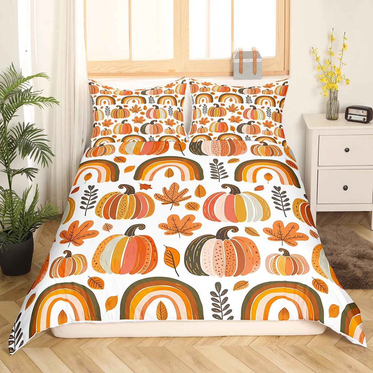 Pumpkin Comforter Set Thanksgiving Autumn Sunflowers Comforter for Boys Girls Leopard Stripes Bedding Set