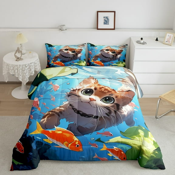 Cat Bedding Set Twin Size, Cute Animal Comforter Set Underwater World Ocean Life Quilt Teens Bedroom Decor, Goldfish Cartoon Cat Bedding Comforter Sets