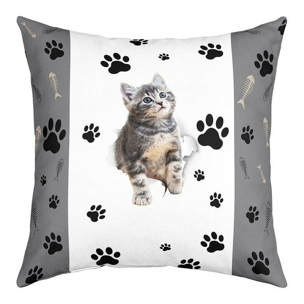 YST Kids Cat Throw Pillow Cover 16x16 Inch 3D Cute Cat Cushion Case Lovely Animal Cat Paw Print Pillow Cover for Bed Sofa Fish Bone Decor Decorative