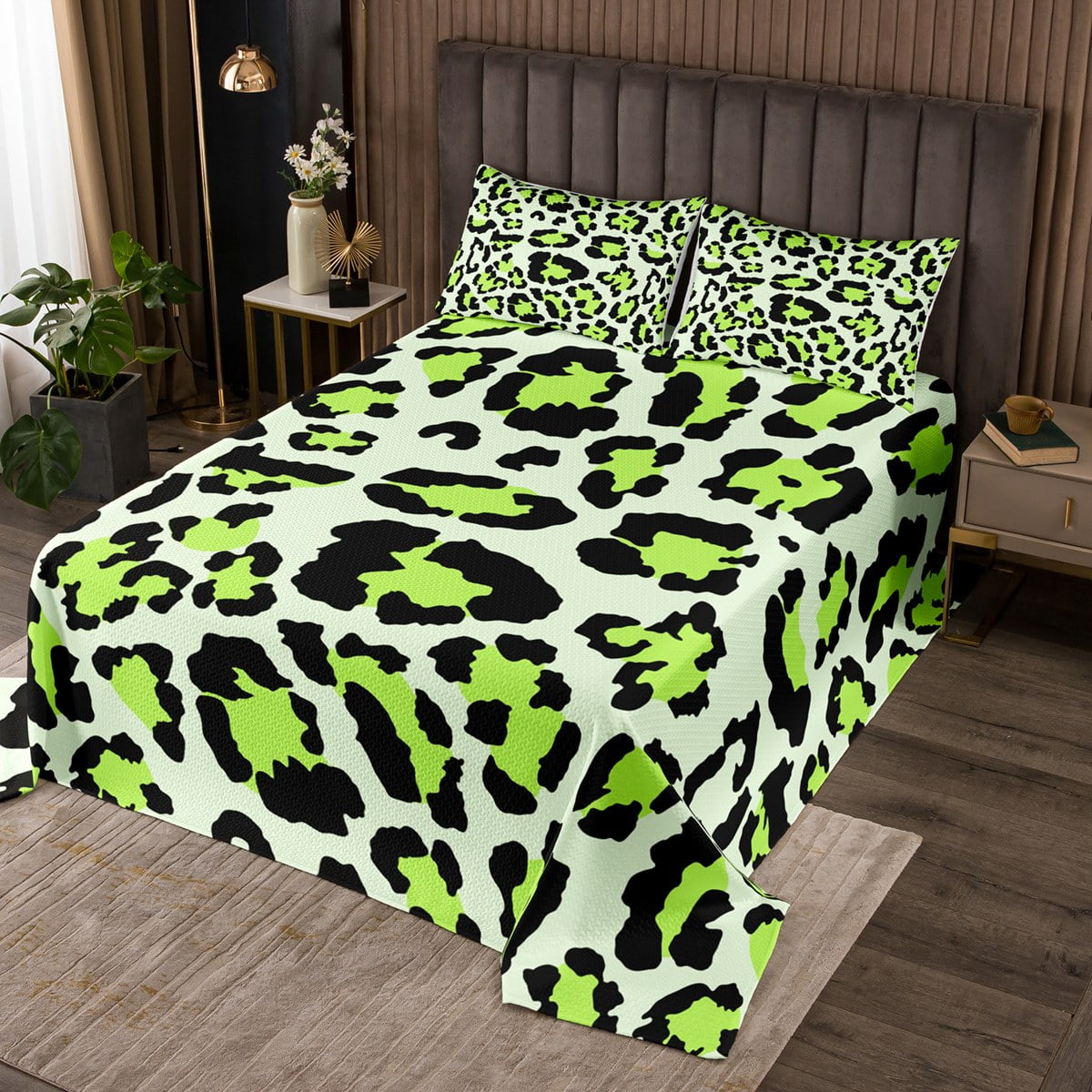 YST Kids Cheetah Print Bedspread Twin Size Green Leopard Print Quilt