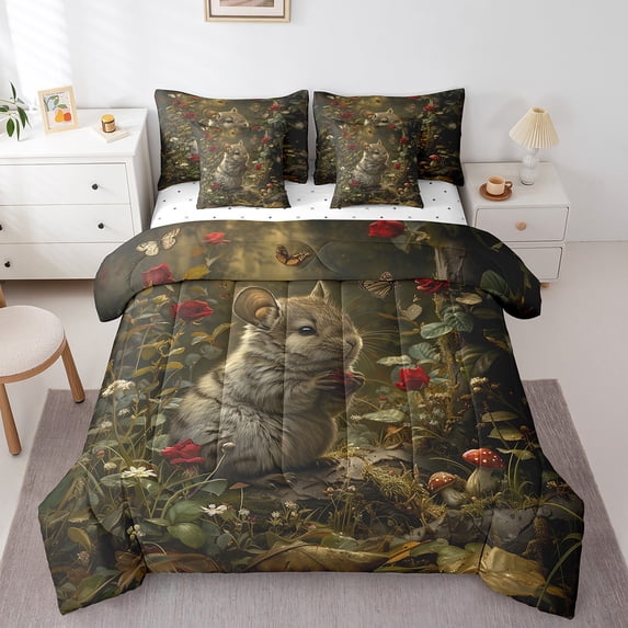 Erosebridal Chinchilla Comforter Set Queen 7 Piece,Animal Print Chinchilla Bedding Set Cute Gifts for Pet Lovers,Butterfly Flowers Bed in a Bag with Fitted Sheet,Flat Sheet,Pillowcases & Shams