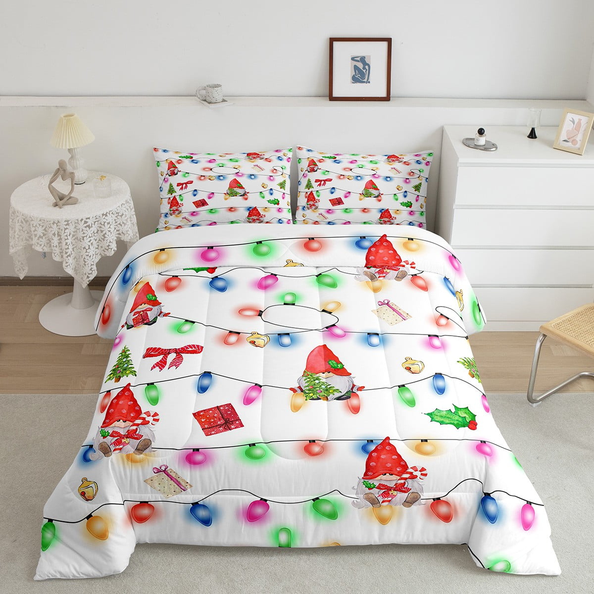 YST Kids Christmas Gnomes Comforter Queen,Cute Colorful Christmas Lamp