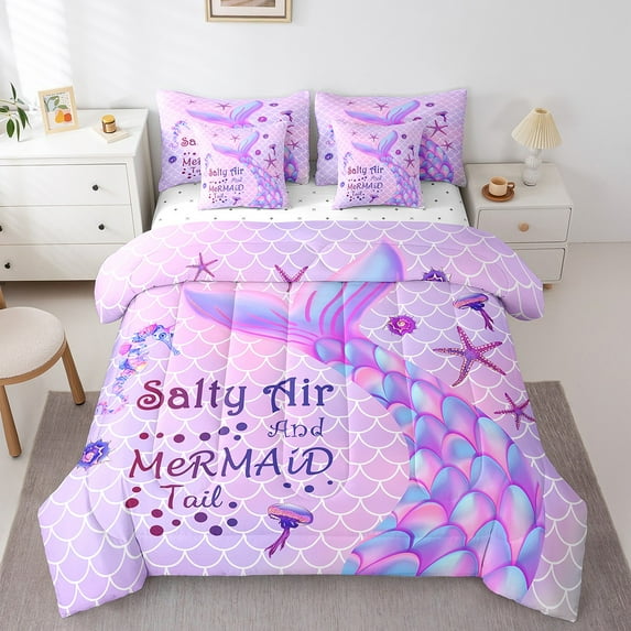 Comforter Set Mermaid 7 Pcs,Mermaid Bedding Full,Girly Purple Mermaid Tail Bedding Sets,Nautical Fish Scales Starfish Seahorse Reversible Bed Sets with Sheet Set
