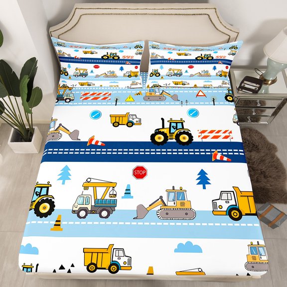 Erosebridal Construction Bedding Set Full Truck Bed Sheets Cartoon Cars Tractor Fitted Sheet Construction Bedroom Decor Vehicle Excavator Sheets Yellow Blue White 3 Pcs