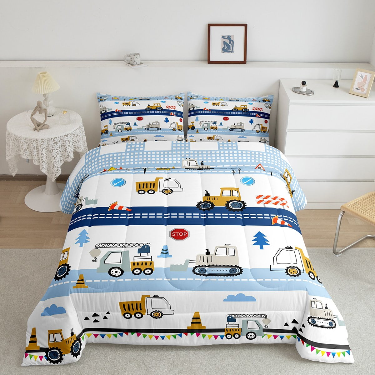 Construction Bedding Set Queen Truck Comforter Set Cartoon Cars Tractor ...