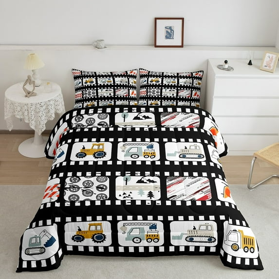 Construction Comforter Set Queen Truck Tractor Bedding Set,Cartoon Excavator Bulldozer Vehicle Car Bedding Comforter Sets Black White Checkered Quilt Bed Set 3Pcs