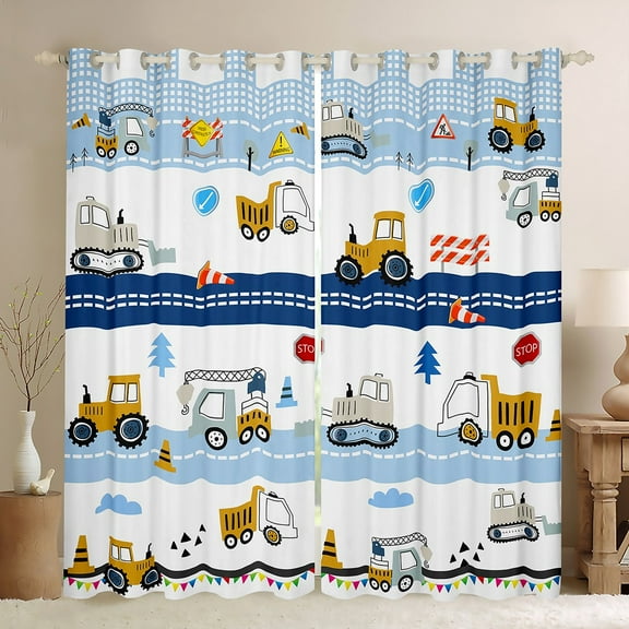 Construction Curtains 52"Wx84"L Truck Window Curtains Cartoon Cars Tractor Curtains & Drapes Construction Room Decor Vehicle Excavator Window Treatments Yellow Blue White