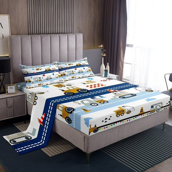 Erosebridal Construction Sheet Set Queen Truck Bed Sheets Cartoon Cars Tractor Bedding Sheets Construction Vehicle Excavator Fitted Sheet Yellow Blue White Flat Sheet 4Pcs