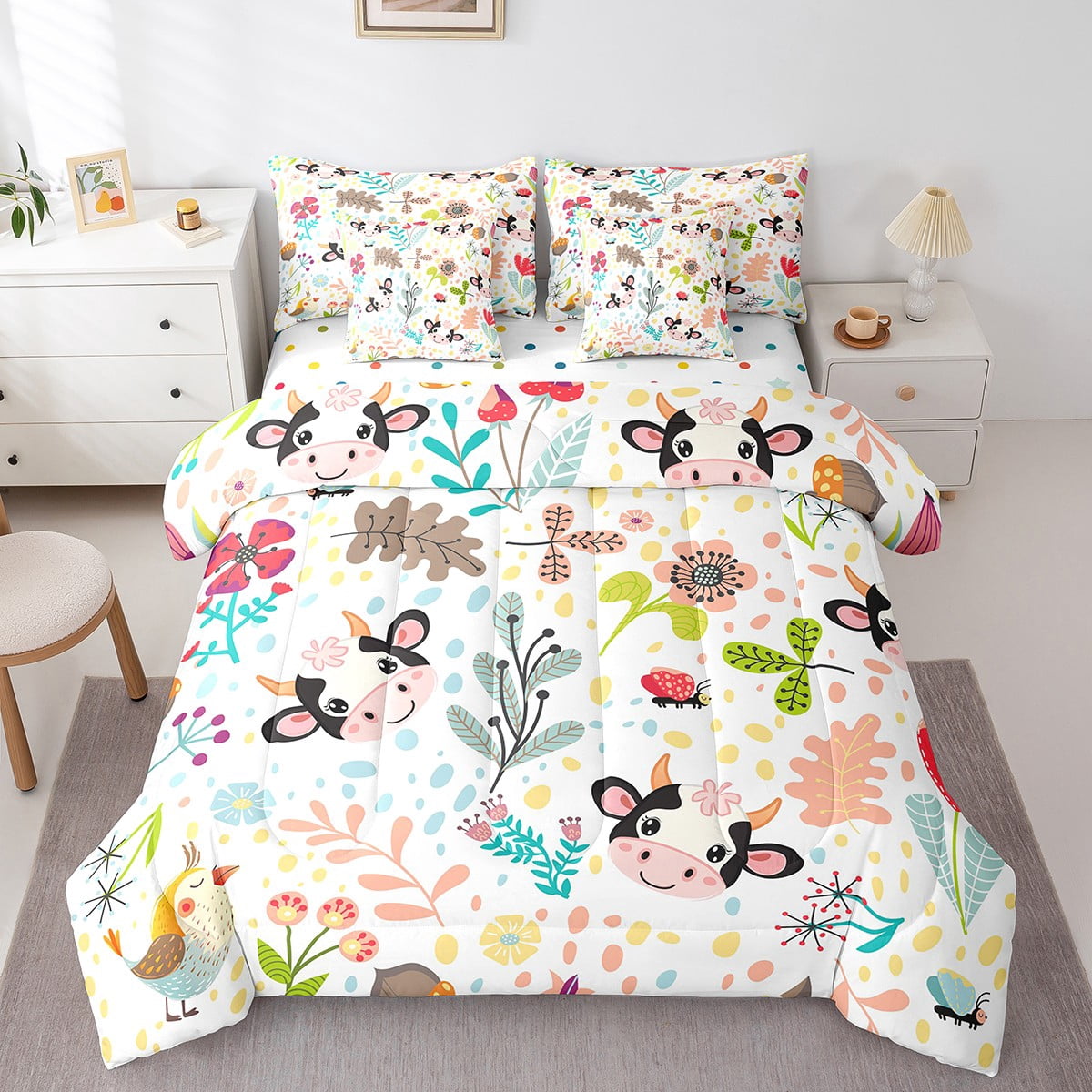 YST Kids Cow Print Bed In A Bag 7 Piece Queen Cartoon Milk Cow ...