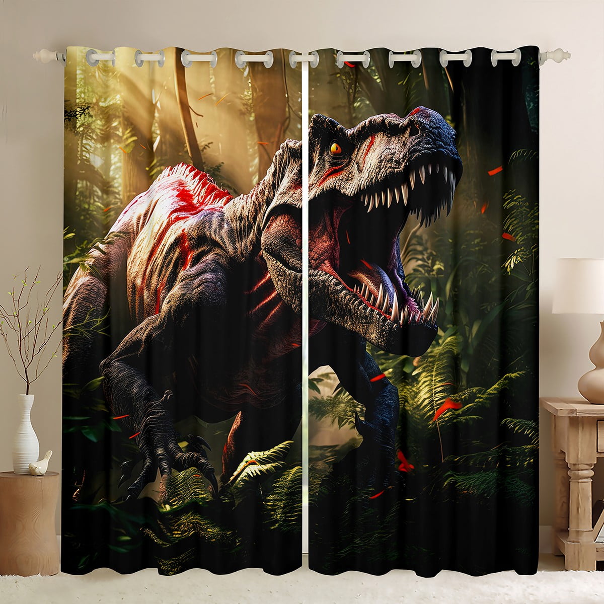EOVDSFW Dinosaur Window Curtains Rod Pocket Wide Jurassic Dino For Boys Kids Girls Animals Nature Forest Wild Cute Leaf Room Drapes 2 Panels For Living Bedroom Home Decor 52X63 Inch