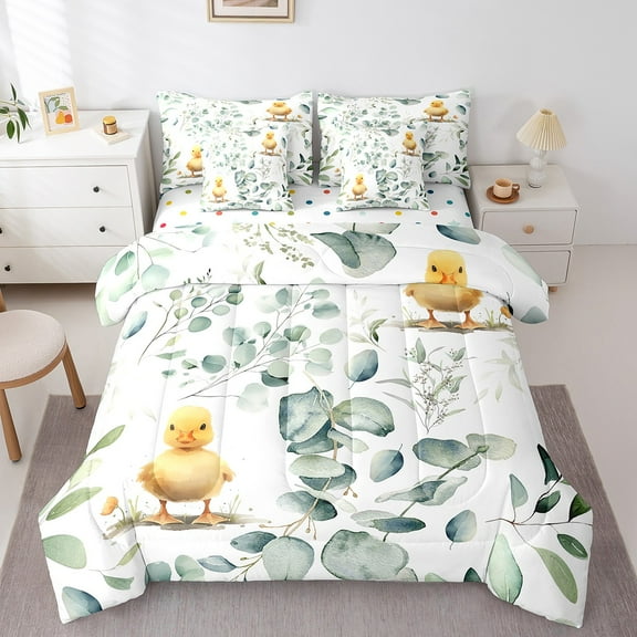 Erosebridal Cute Animal Bed in a Bag 7-Piece Cartoon Duck Bedding Set, Spring Eucalyptus Twin Comforter Set Watercolor Leaves Bedding Comforter Sets, Kawaii Farm Animal Bed Set