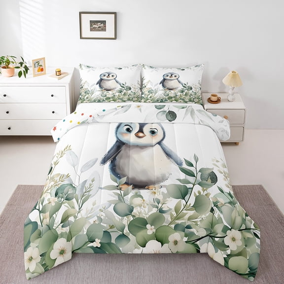 Cute Animal Bedding Twin Size Cartoon Penguin Comforter Set Twin, Spring Eucalyptus Duvet Insert Leaves Quilt Comforter, Kawaii Arctic Animal Bedding Comforters & Sets