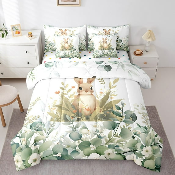 Cute Animal King Comforter Set 7 Pieces Cartoon Rabbit Bedding Comforter Sets, Eucalyptus Bed in a Bag Watercolor Leaves Bedding Set, Kawaii Farm Animal Bed Sheets Set