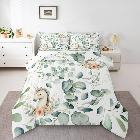 Cute Animal Comforter Set Cartoon Unicorn Bedding Set, Spring Eucalyptus Down Comforter Watercolor Floral Bed Set, Kawaii Magical Animal Quilted Duvet