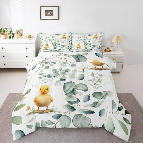 Cute Animal Twin Bedding Sets Cartoon Duck Comforter Set, Spring Eucalyptus Bedding Comforter Sets Watercolor Leaves Duvet Insert, Kawaii Farm Animal Down Comforter