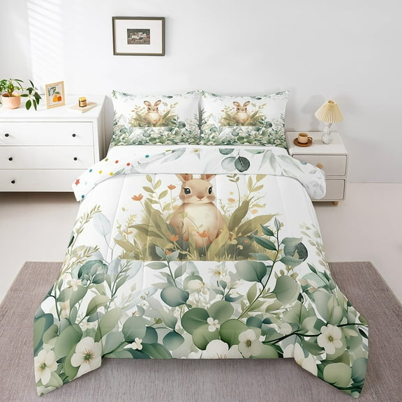 Cute Animal Twin Comforter Set Cartoon Rabbit Bedding Set Twin, Spring Eucalyptus Bedding Comforter Sets Leaves Duvet Set, Kawaii Farm Animal Quilted Comforter