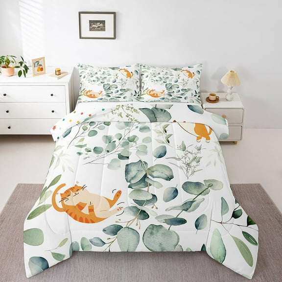 Erosebridal Cute Animal Twin Size Comforter Set Cartoon Cat Bedding Set, Spring Eucalyptus Down Comforter Watercolor Leaves Bed Set, Kawaii Kitten Quilted Duvet