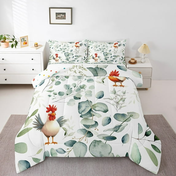 Cute Animal Twin Size Comforter Set Cartoon Rooster Bedding Set, Spring Eucalyptus Down Comforter Watercolor Leaves Bed Set, Kawaii Farm Animal Quilted Duvet