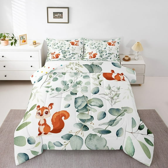 Cute Animal Twin Size Comforter Set Cartoon Squirrel Bedding Set, Spring Eucalyptus Down Comforter Watercolor Leaves Bed Set, Kawaii Woodland Animal Quilted Duvet