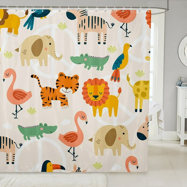 YST Kids Cute Animals Fabric Shower Curtain Cartoon Lion Giraffe