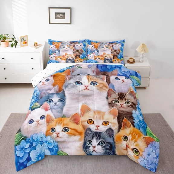 YST Kids Cute Cat Comforter Cartoon Pet Cats Bedding Set for Children Boys Girls Cute Kitten Print Comforter Set Cat Lover's Animal Themed Design Quilt Set Bedroom Collection 2Pcs Twin Size