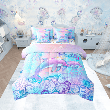 Cute Dolphin Comforter Set Twin 7 Piece Pink Teal Ombre Rainbow Fish Scale Bed in a Bag,Sea Animal Decor Ocean Waves Bedding Set with 2 Sheets,2 Pillowcases,2 Throw Pillow Covers