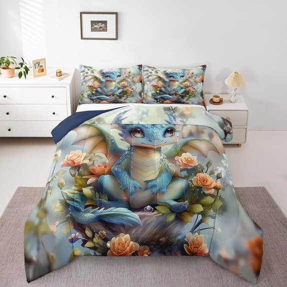 Cute Dragon Comforter Set Cartoon Dragon Bedding Set Kawaii Pink Floral Western Dragon Bedding Comforter Sets Fantasy Wildlife Quilt Set Magical Animal Room Decor