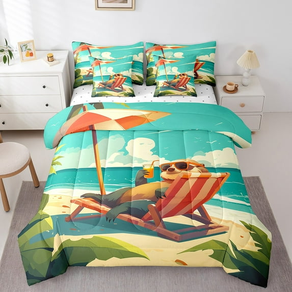 Cute Sloth Bed in a Bag 7-Piece Hawaii Beach Bedding Set, Cartoon Animal Twin Size Comforter Set Tropical Ocean Sea Marine Bedding Comforter Sets, Summer Holiday Bed Set
