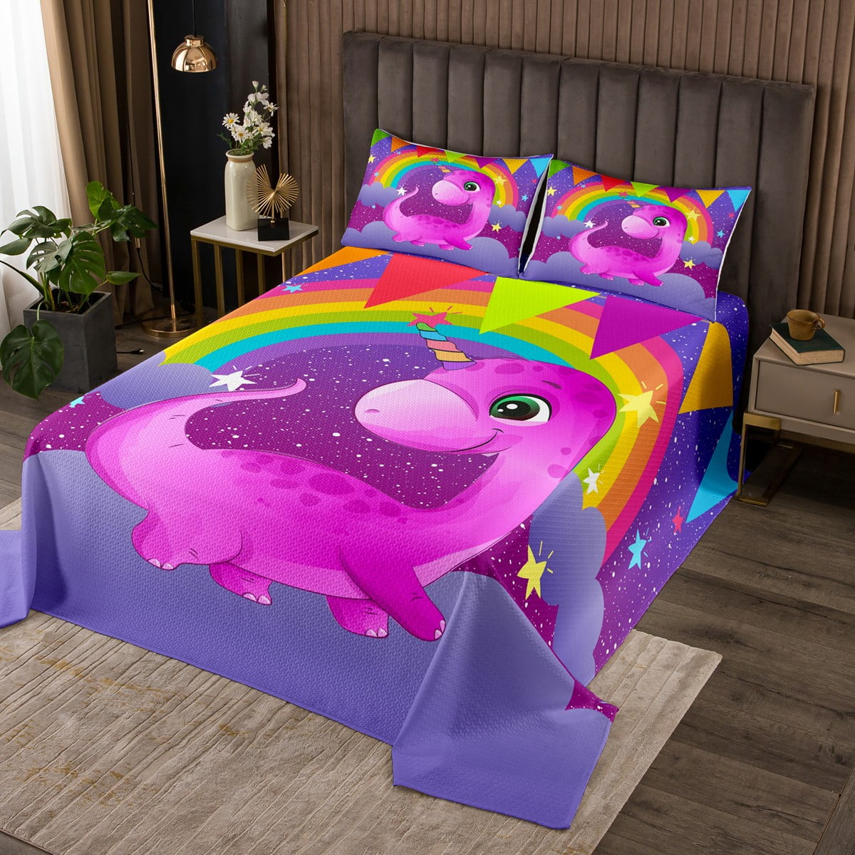 YST Kids Dinosaur Bed Cover with 1 Pillowcase Twin Girls Coverlet Set