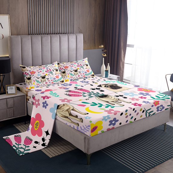 Erosebridal Dog Sheet Set for Queen Bed,Pink Girly Shari Pei Print Bed Sheets Set,Cute Love Heart Floral Sheets,Rustic Cartoon Animal Puppy Flat Fitted Sheet 4pcs